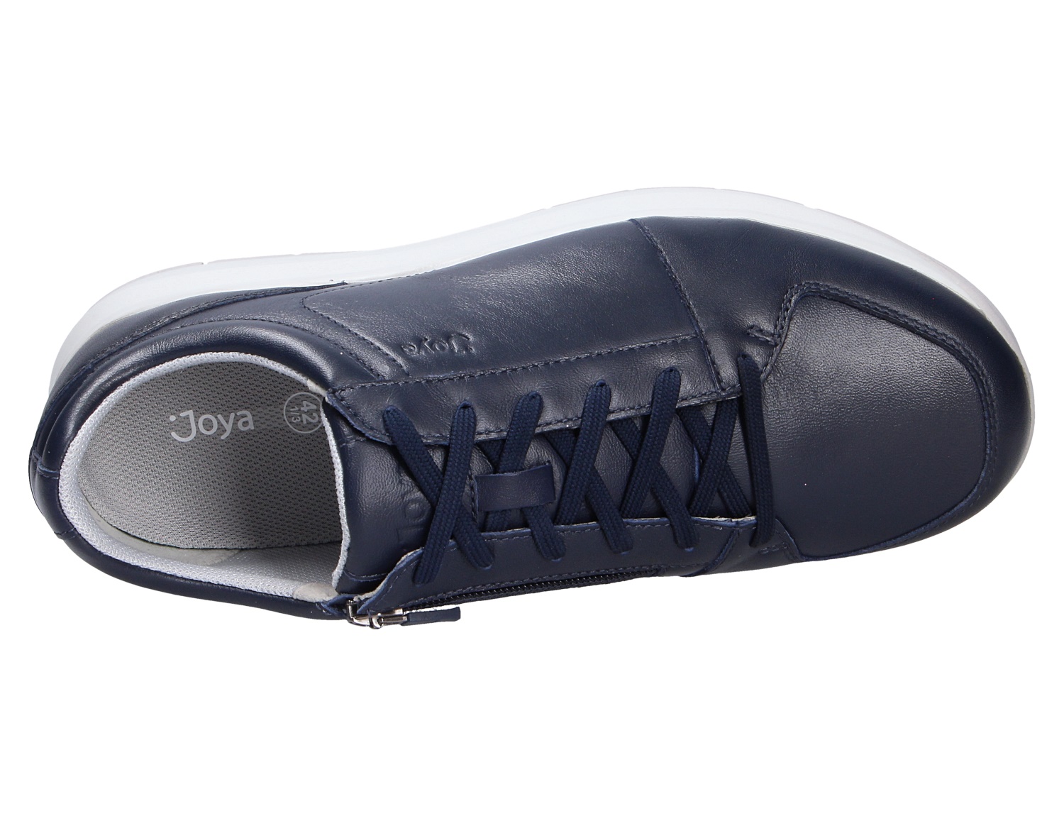 JOYA Oliver dark blue II: navyfarbener Herren-Lederschuh mit Schnürung, seitlichem Reißverschluss und heller Sohle in der Draufsicht